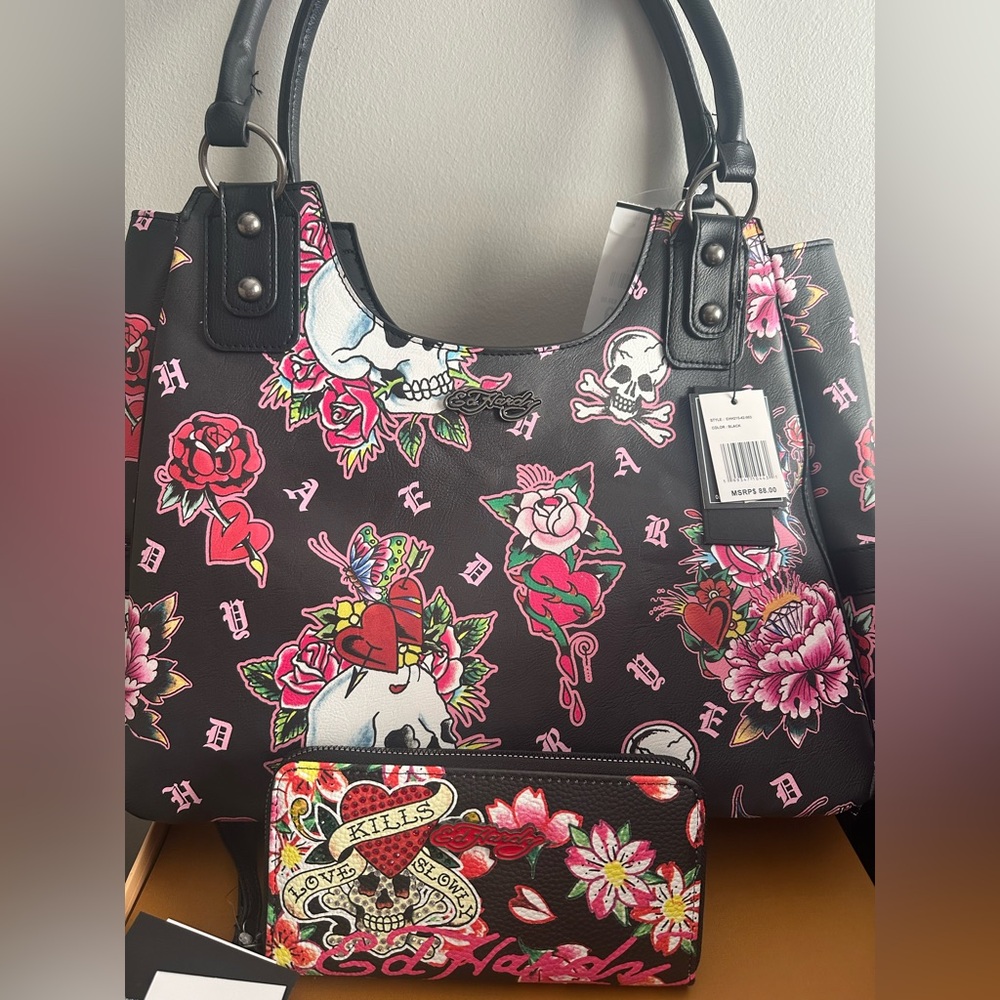 Ed Hardy Black and Pink Floral Skull Tote